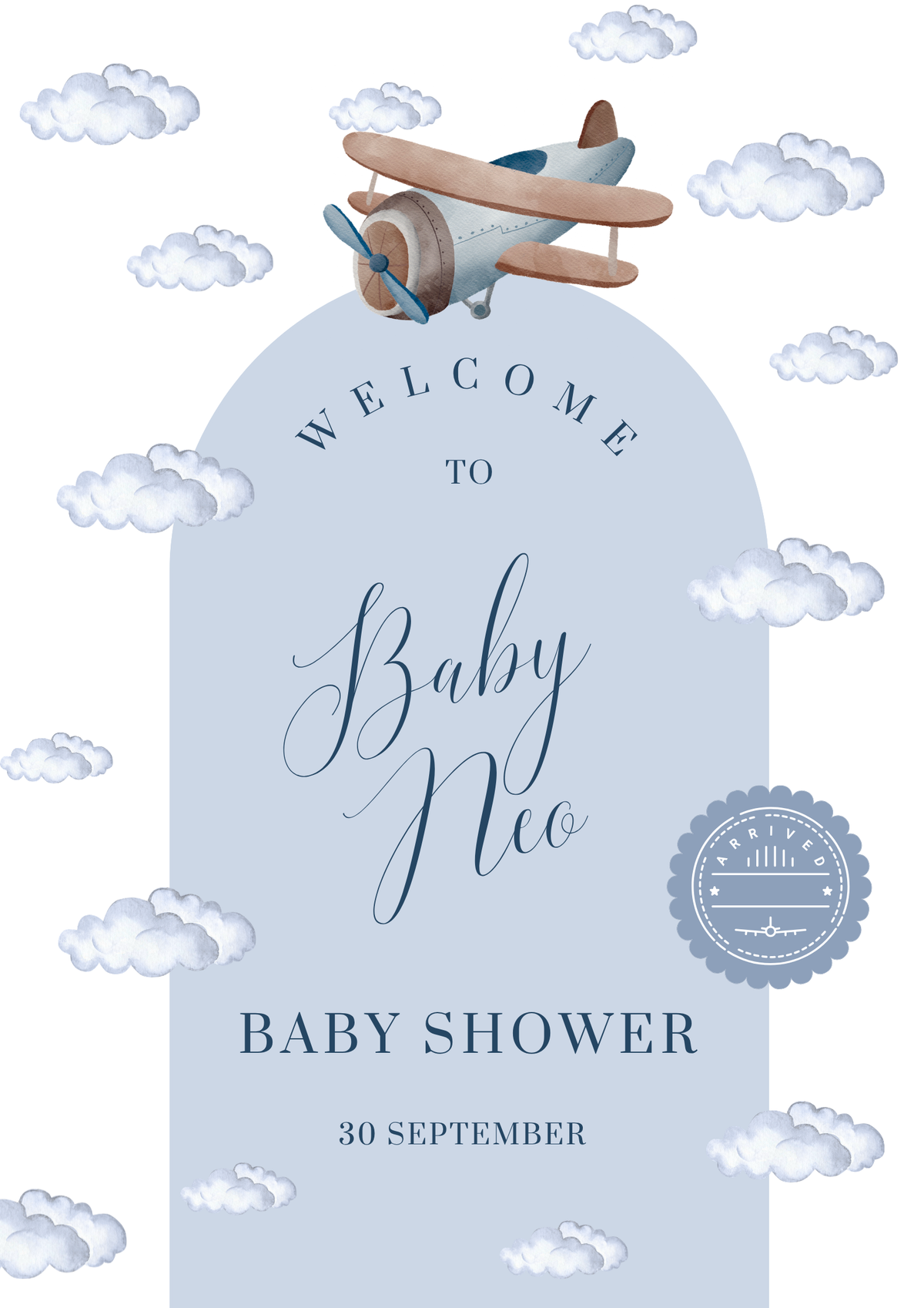Blue airplane personalised baby shower welcome board design