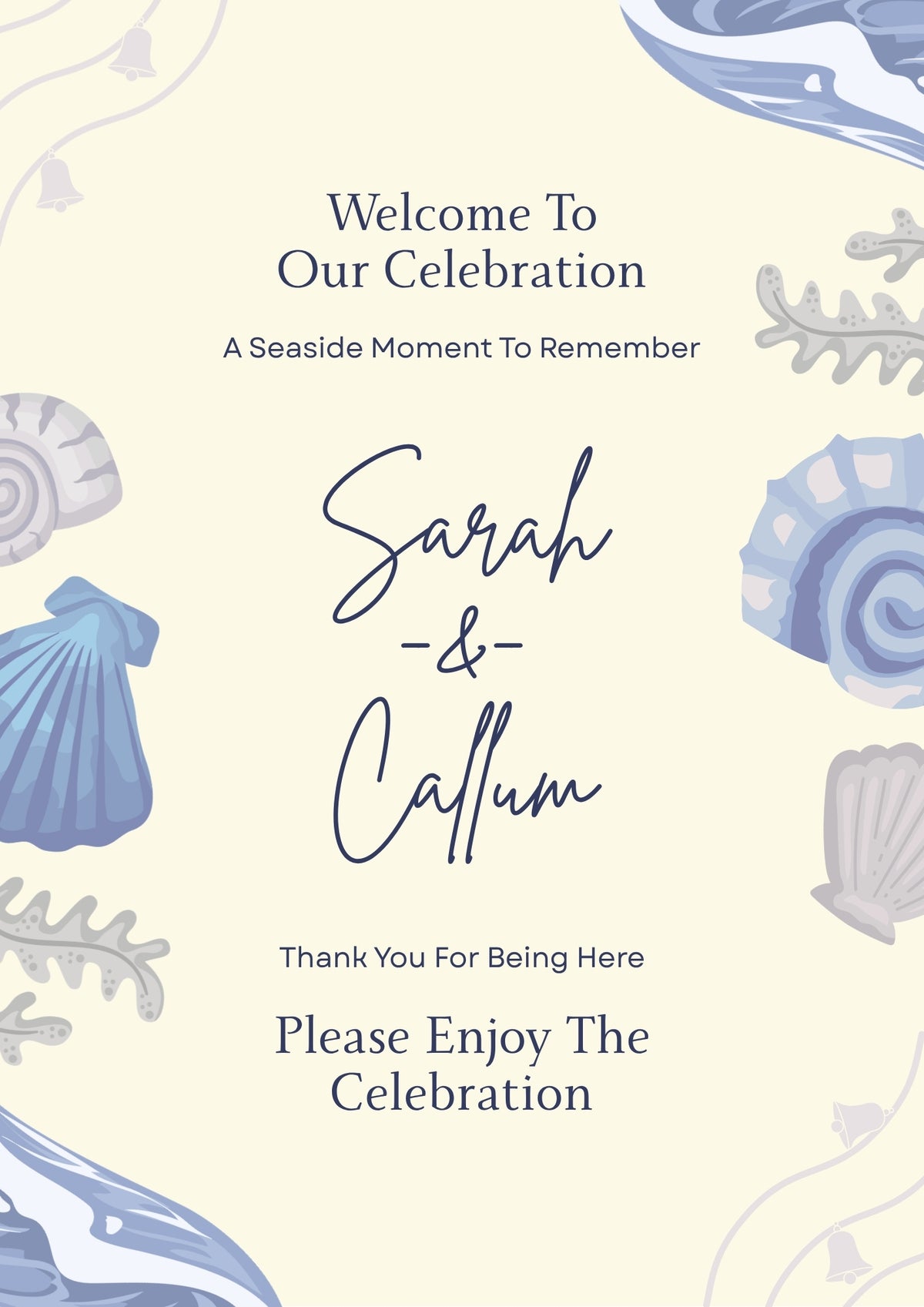 Beige and blue personalised wedding welcome board