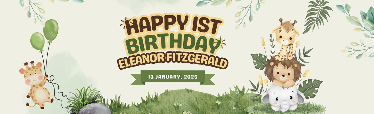 Beige & Green Illustrated 1st Birthday Banner – Personalised