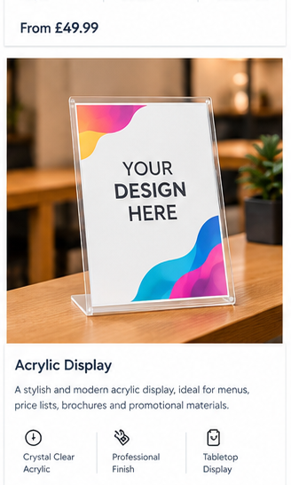 Personalised clear acrylic tabletop display sign