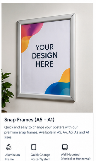 Aluminium snap frame poster display A5 to A1