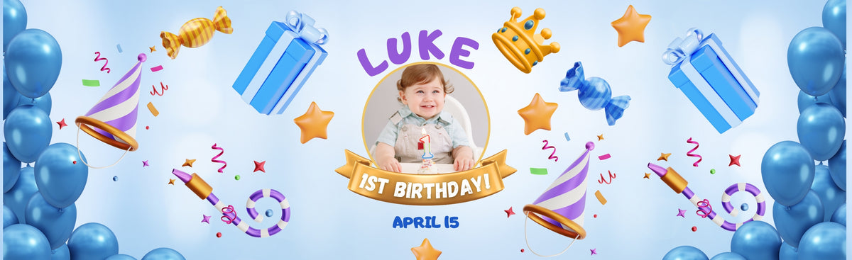 Blue 3D Illustrated 1st Birthday Banner – Personalised