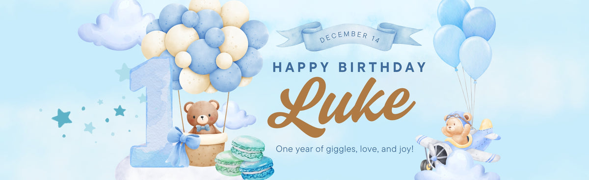 Blue & Brown Watercolour 1st Birthday Banner – Personalised