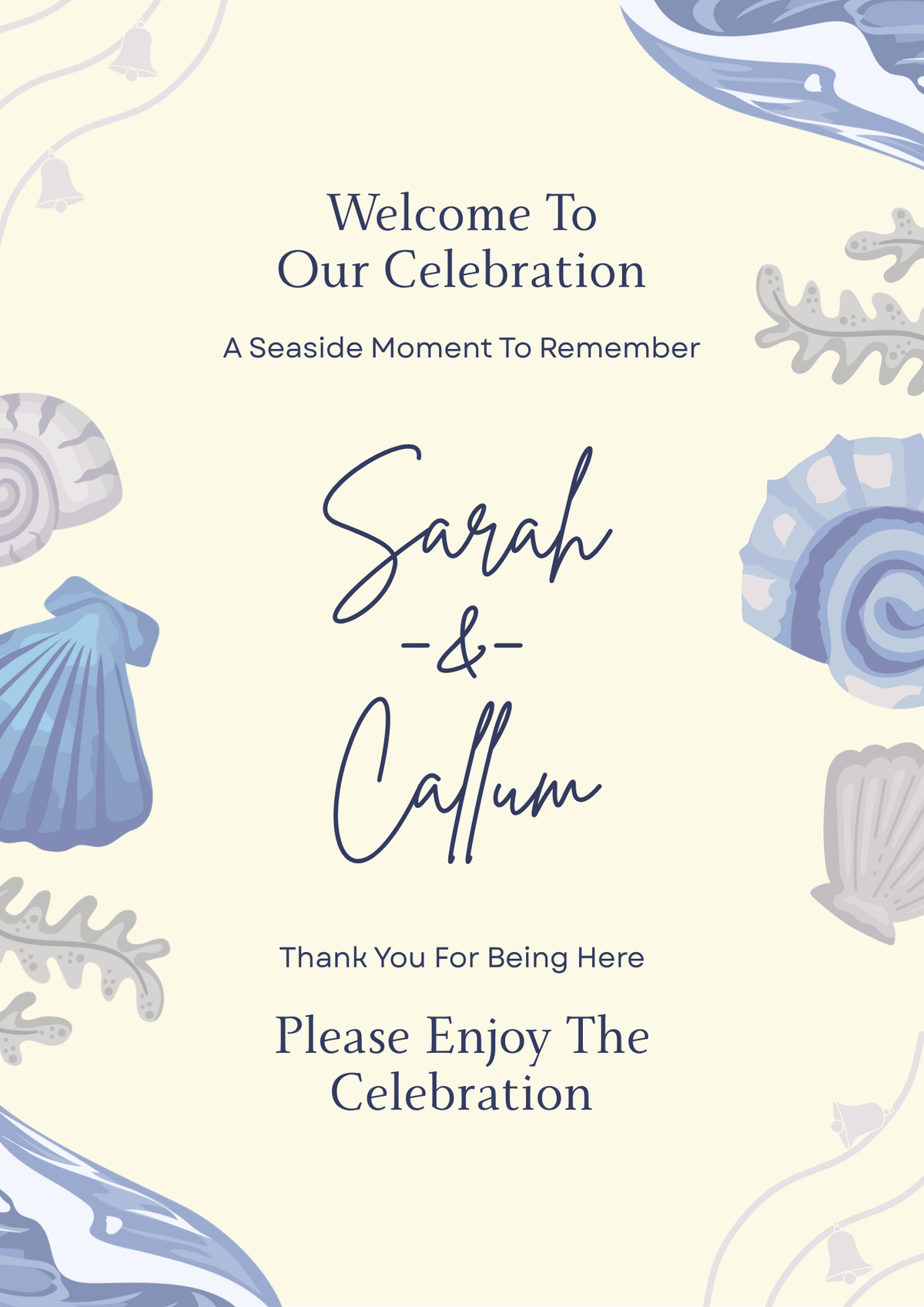 Blue and beige personalised wedding welcome board design