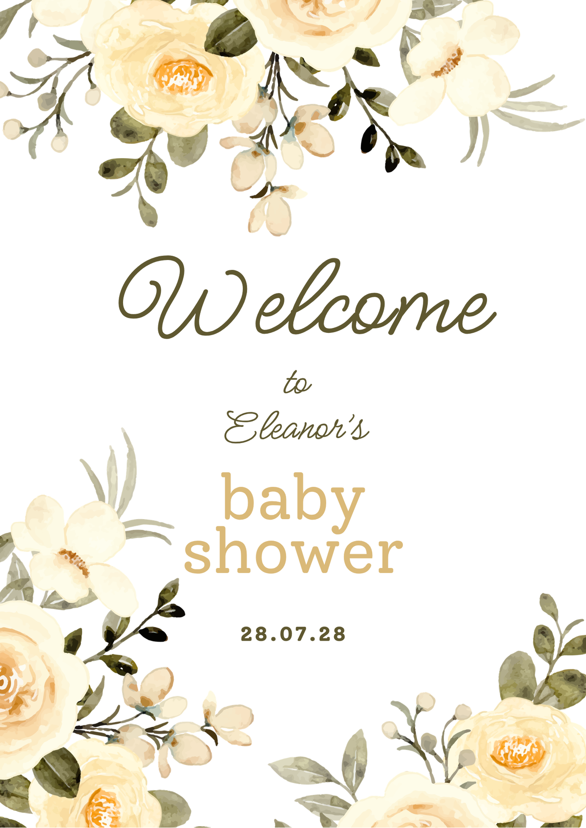 Cream floral personalised baby shower welcome board design