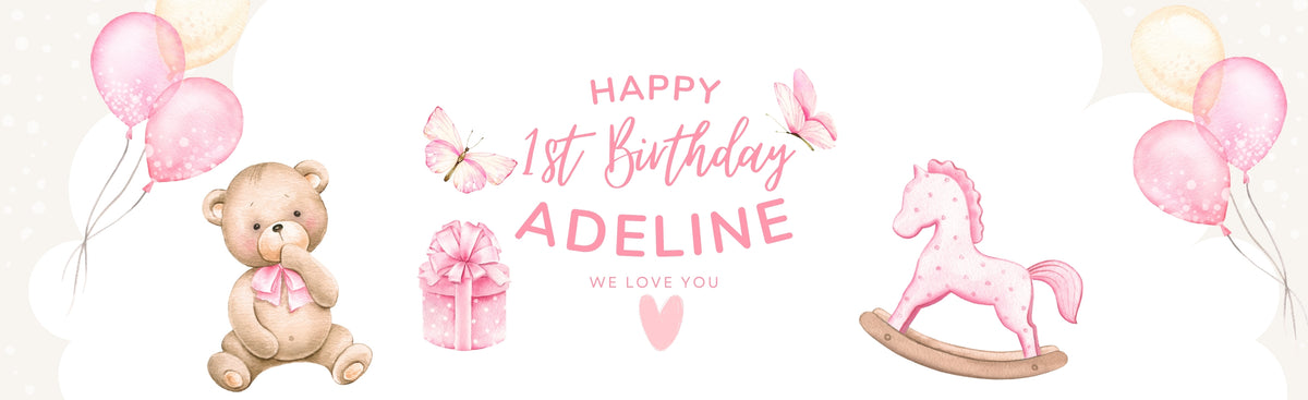 Creamy Pink Baby 1st Birthday Banner – Personalised Name & Age