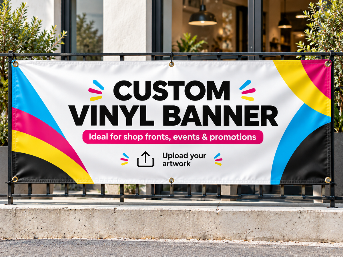 Custom vinyl banner installed on a storefront railing