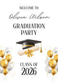 Gold black and white personalised graduation welcome board design