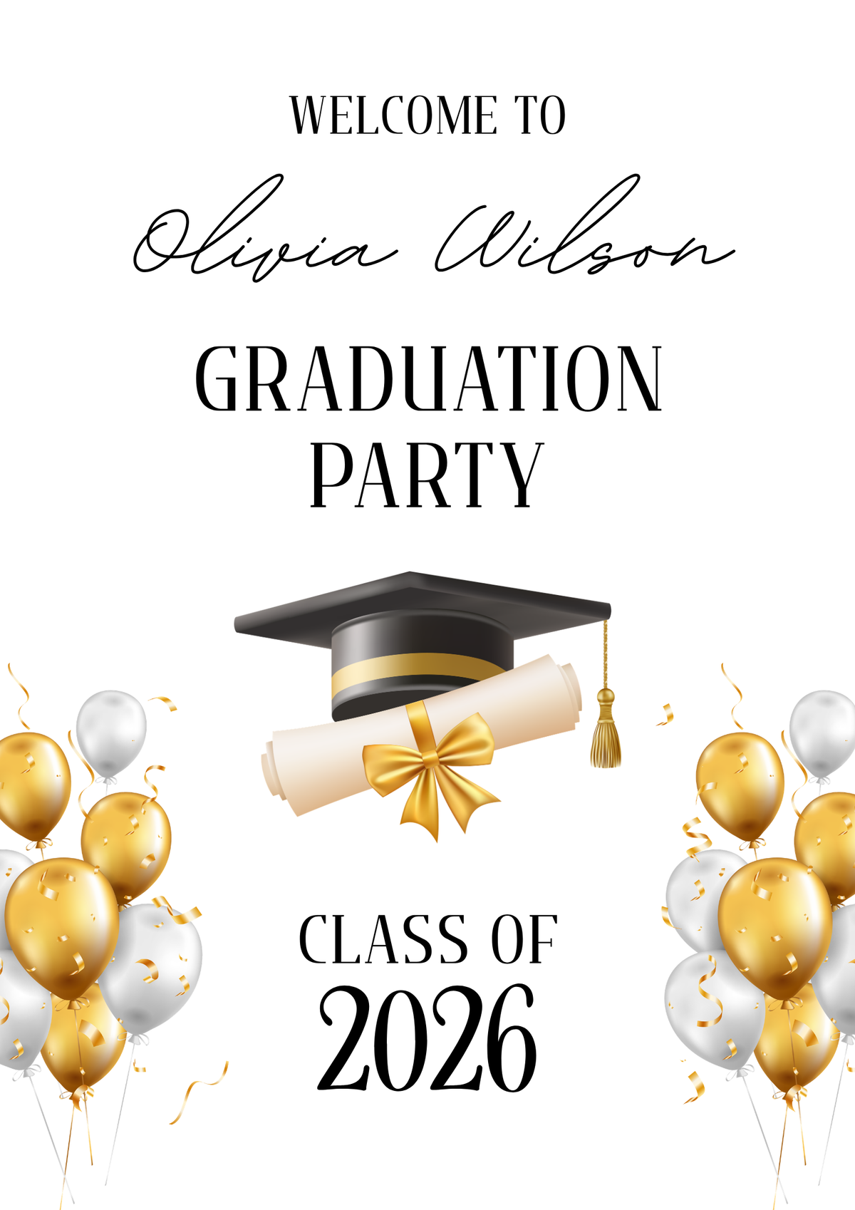 Gold black and white personalised graduation welcome board design