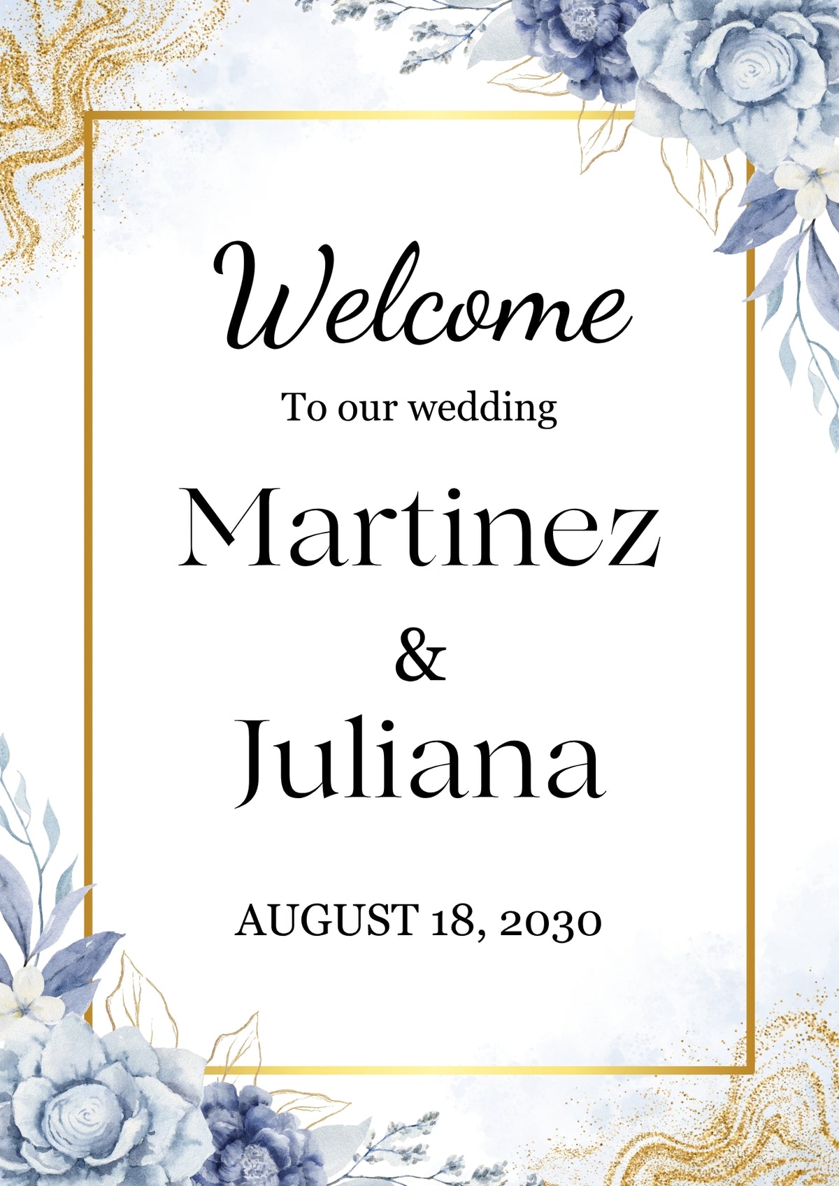 Gold White & Blue Elegant Floral Wedding Welcome Board – Personalised