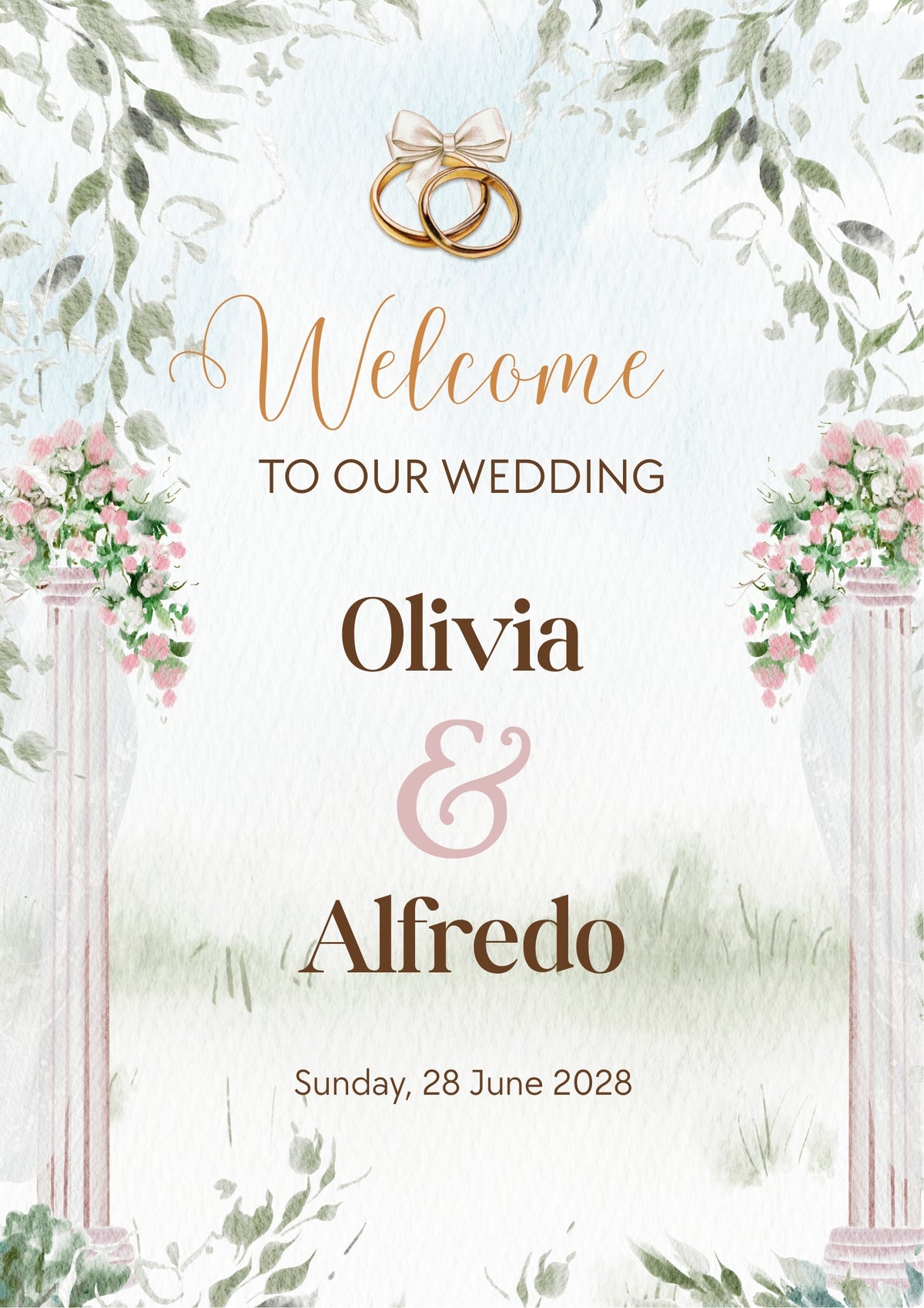 Green and pink watercolour personalised wedding welcome board