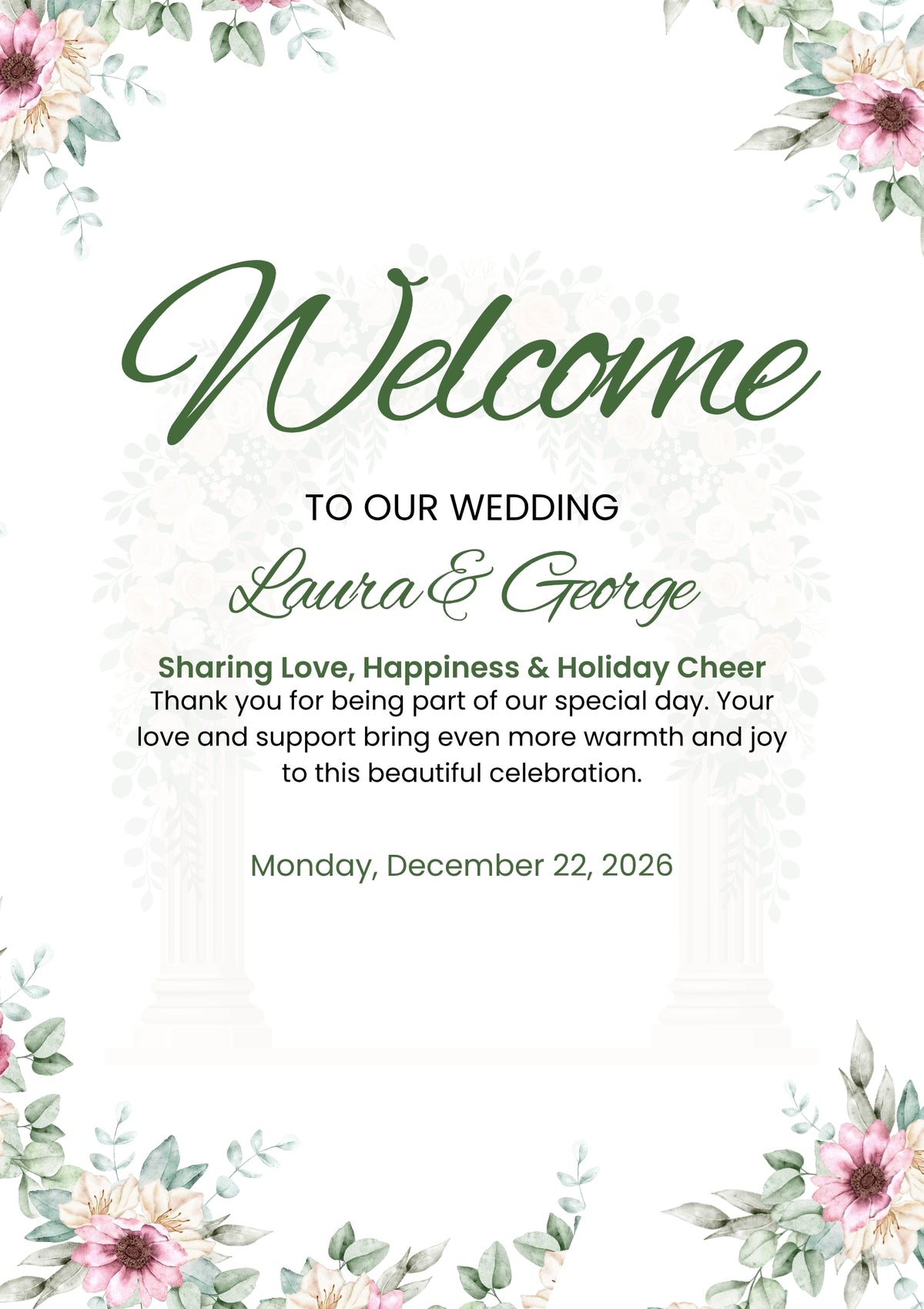Green & White Elegant Floral Wedding Welcome Board – Personalised