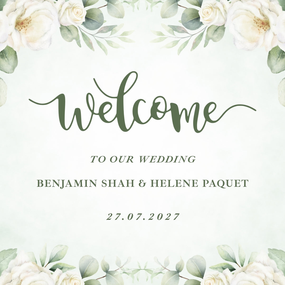 Green & White Floral Watercolour Wedding Welcome Board – Personalised