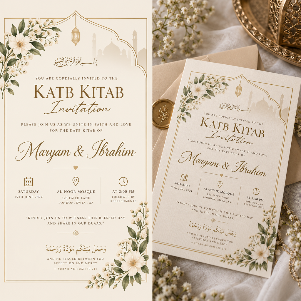 Beige White Gold Katb Kitab invitation display mockup