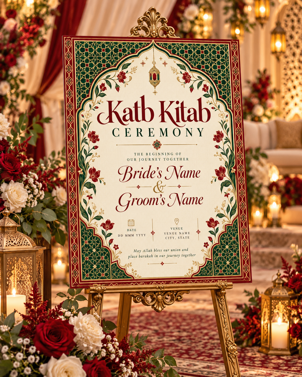 Traditional Red Green Gold Katb Kitab Ceremony Poster displayed on an easel at a wedding venue