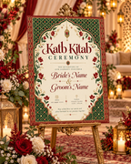 Traditional Red Green Gold Katb Kitab Ceremony Poster displayed on an easel at a wedding venue
