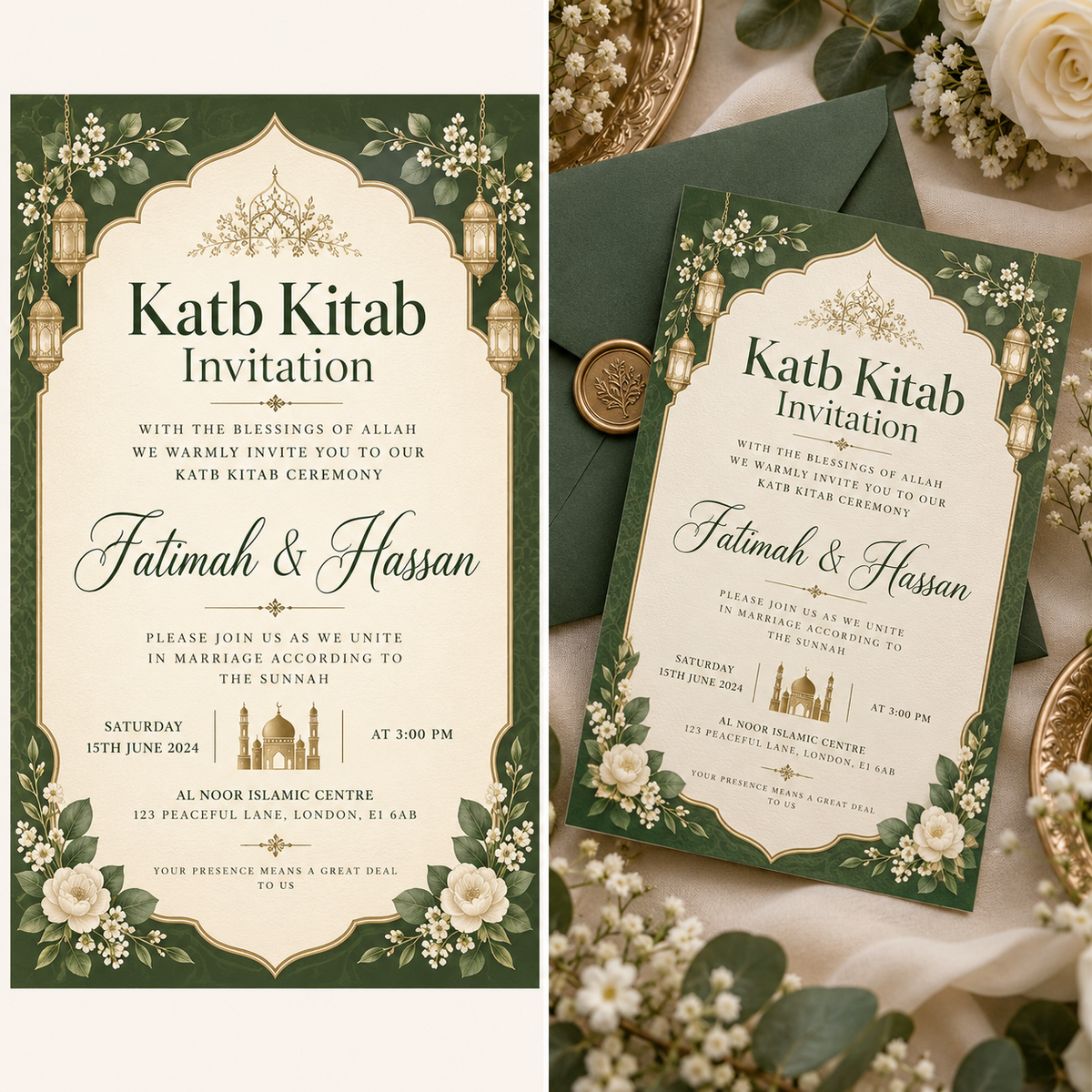 Green Cream Gold Katb Kitab invitation display mockup