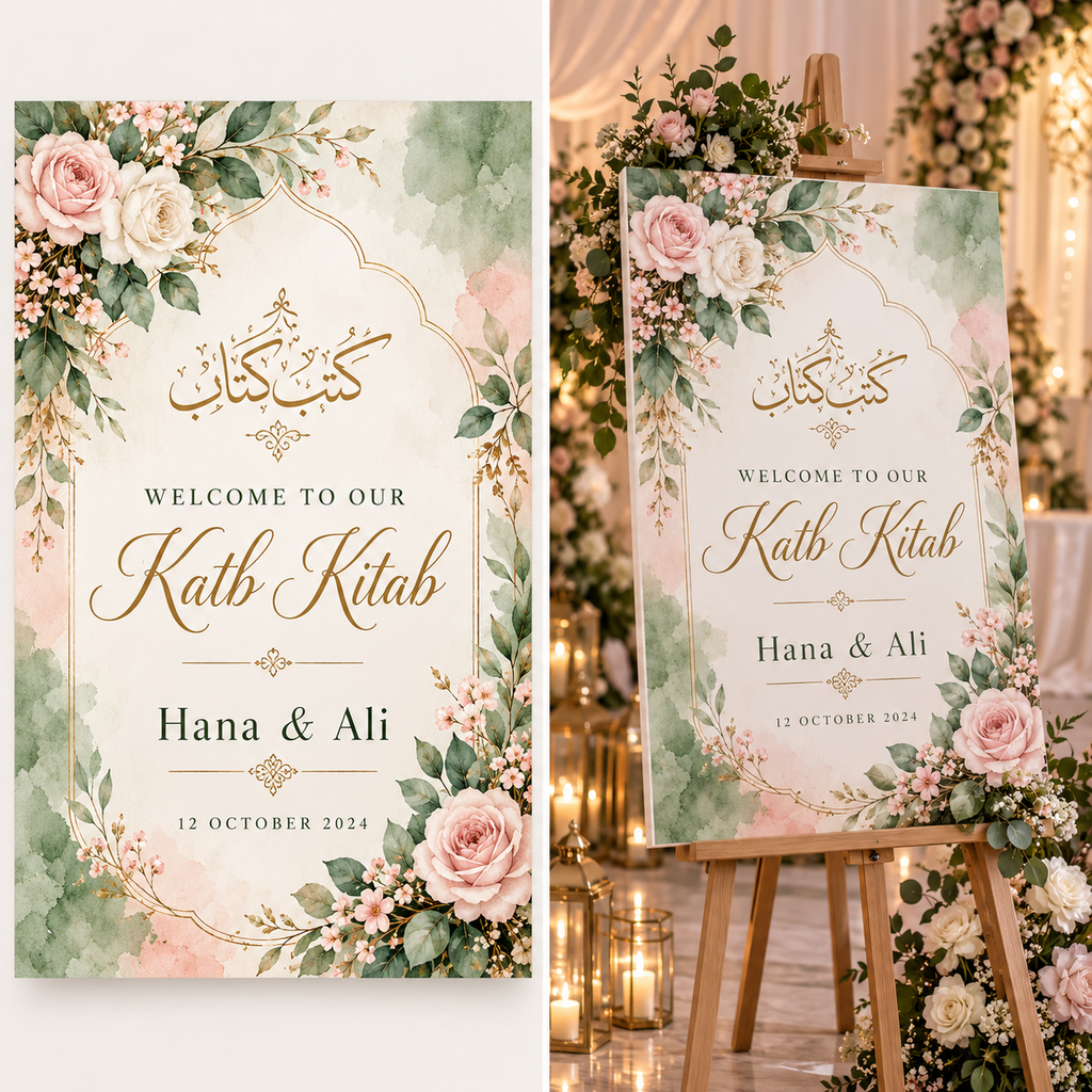 Green Pink Watercolour Katb Kitab welcome board on display