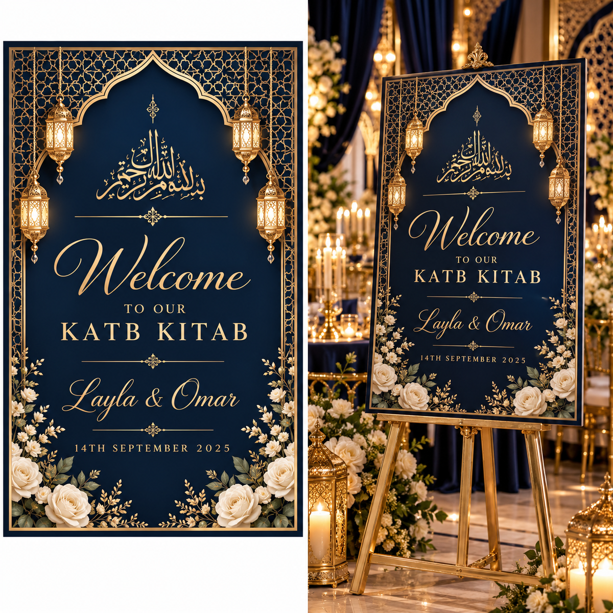 Navy Gold Katb Kitab welcome board on display