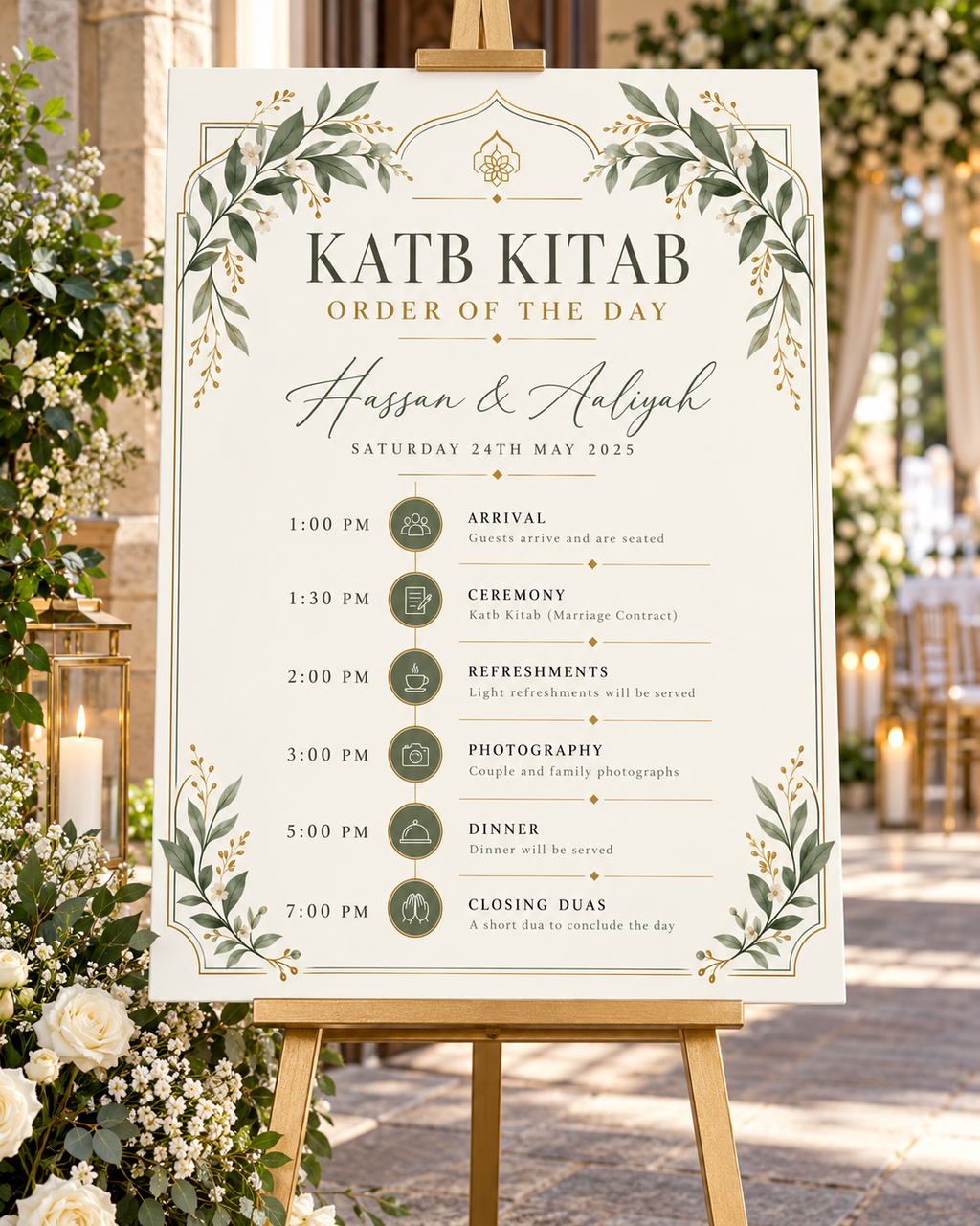 Sage Gold Katb Kitab Order of the Day displayed on an easel at a wedding venue