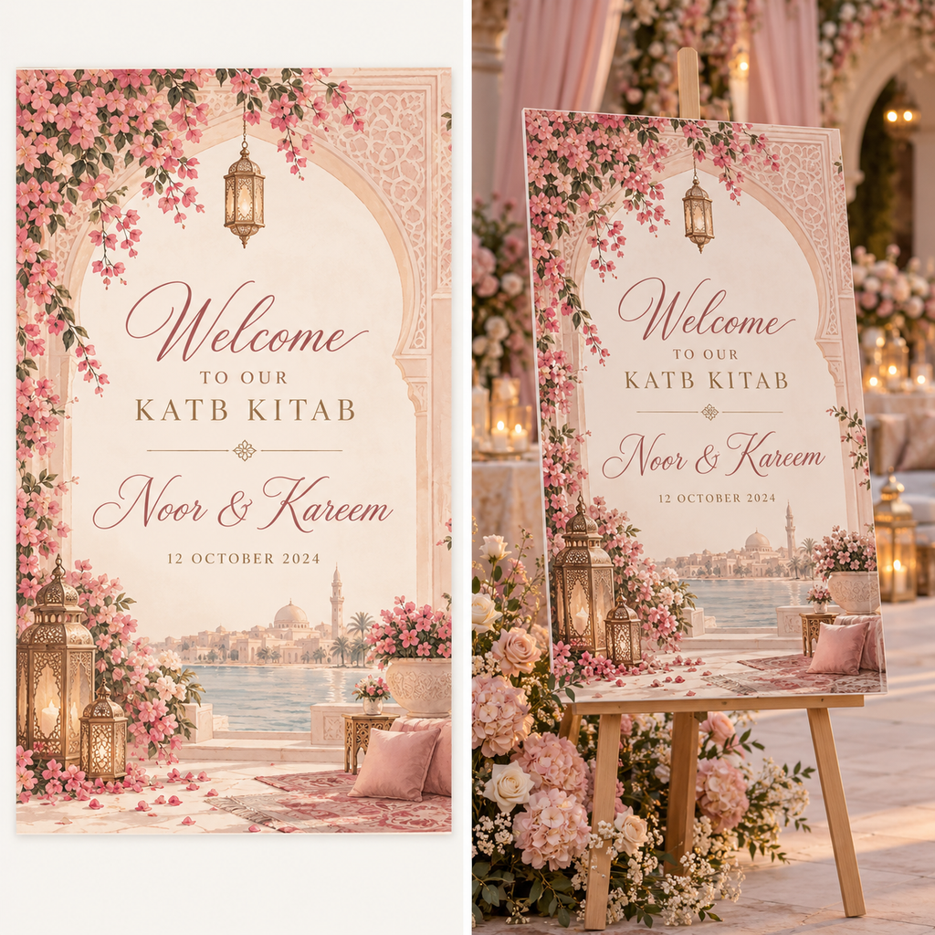 Pink Beige Katb Kitab welcome board on display