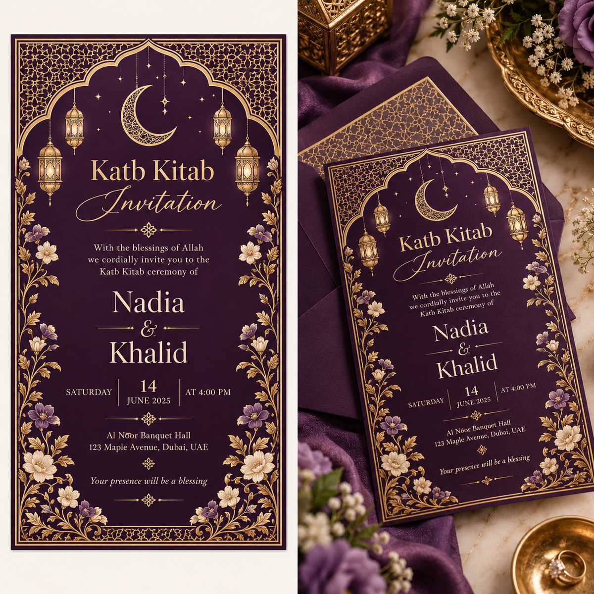 Purple Gold Katb Kitab invitation display mockup