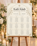 Classic Beige Katb Kitab Seating Plan displayed on an easel at a wedding venue