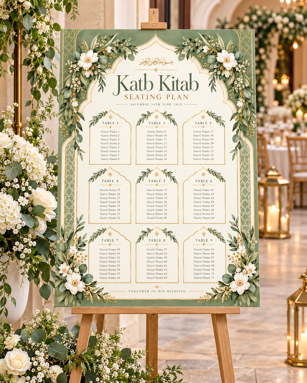 Sage Greenery Katb Kitab Seating Plan displayed on an easel at a wedding venue