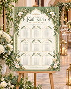 Sage Greenery Katb Kitab Seating Plan displayed on an easel at a wedding venue