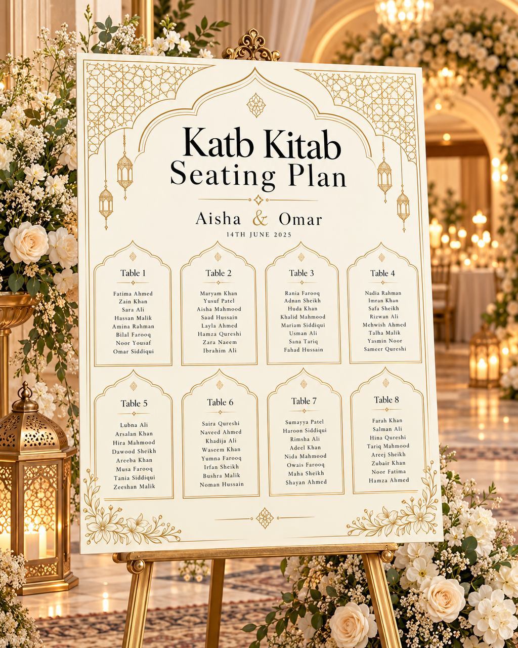 Ivory Gold Katb Kitab Seating Plan displayed on an easel at a wedding venue