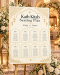 Ivory Gold Katb Kitab Seating Plan displayed on an easel at a wedding venue