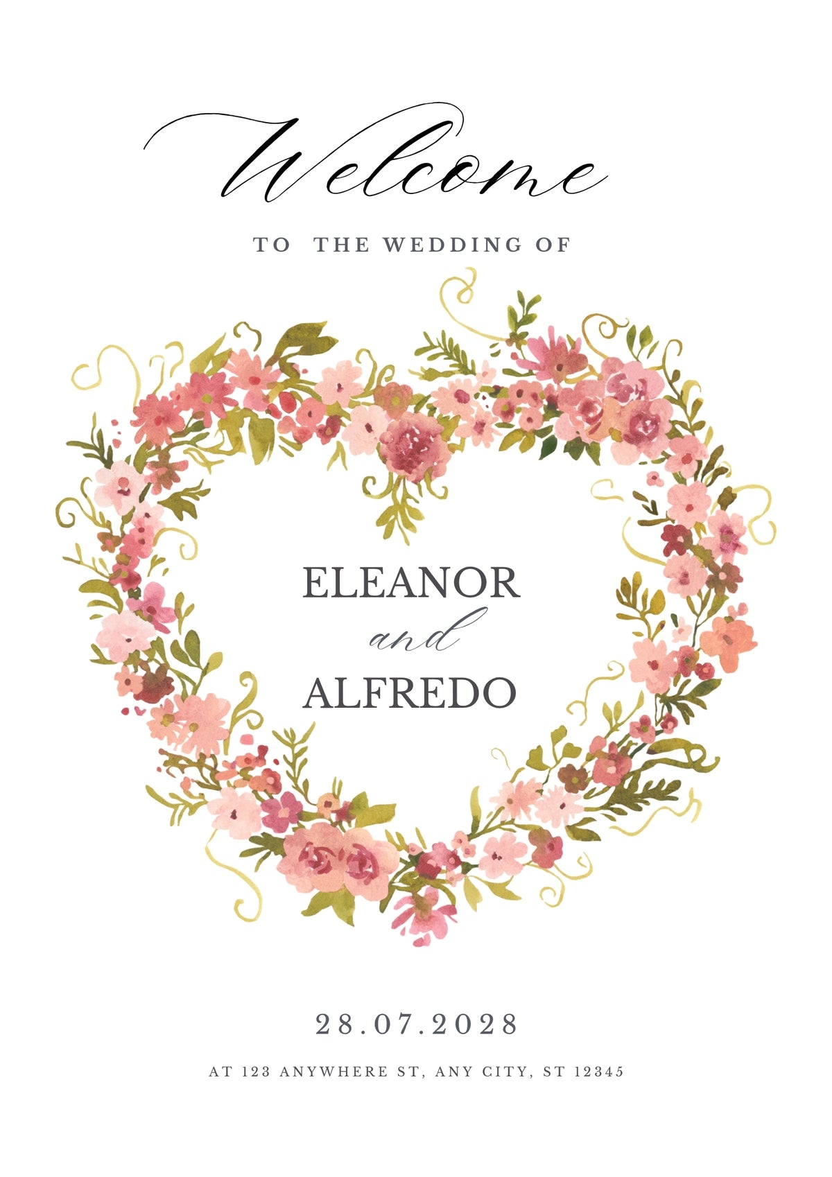 Pink & Green Illustrated Floral Wedding Welcome Board – Personalised