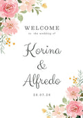 Pink White & Green Floral Wedding Welcome Board – Personalised