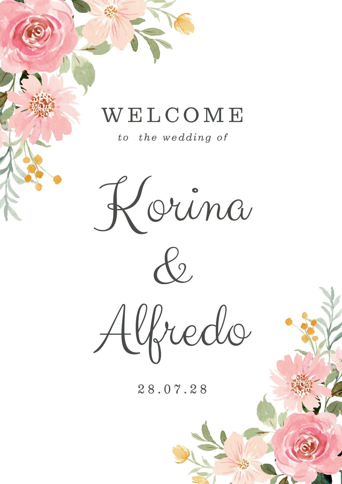 Pink White & Green Floral Wedding Welcome Board – Personalised