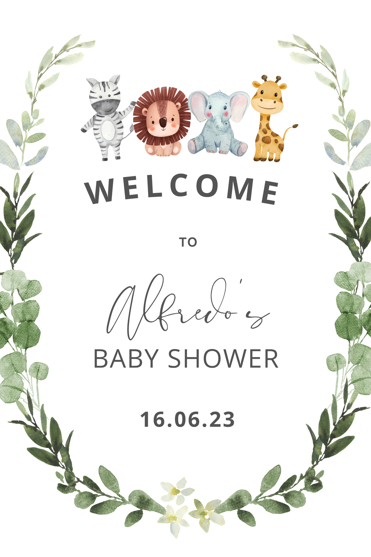 Green safari animal personalised baby shower welcome board design